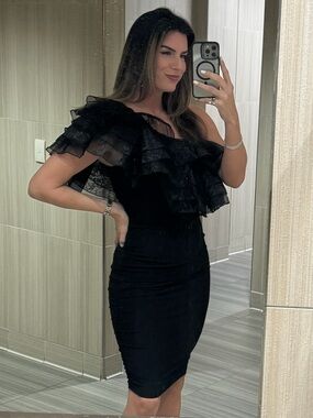 Fashion Nova Black One-Shoulder Ruffle Bodycon Dress